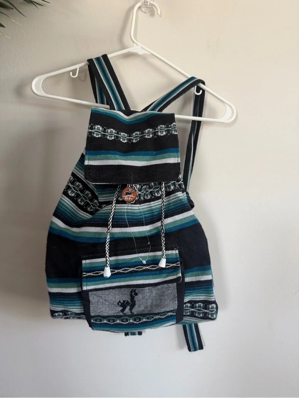 100% wool from Peru Handwoven Teal and Black Striped Women's Drawstring Backpack